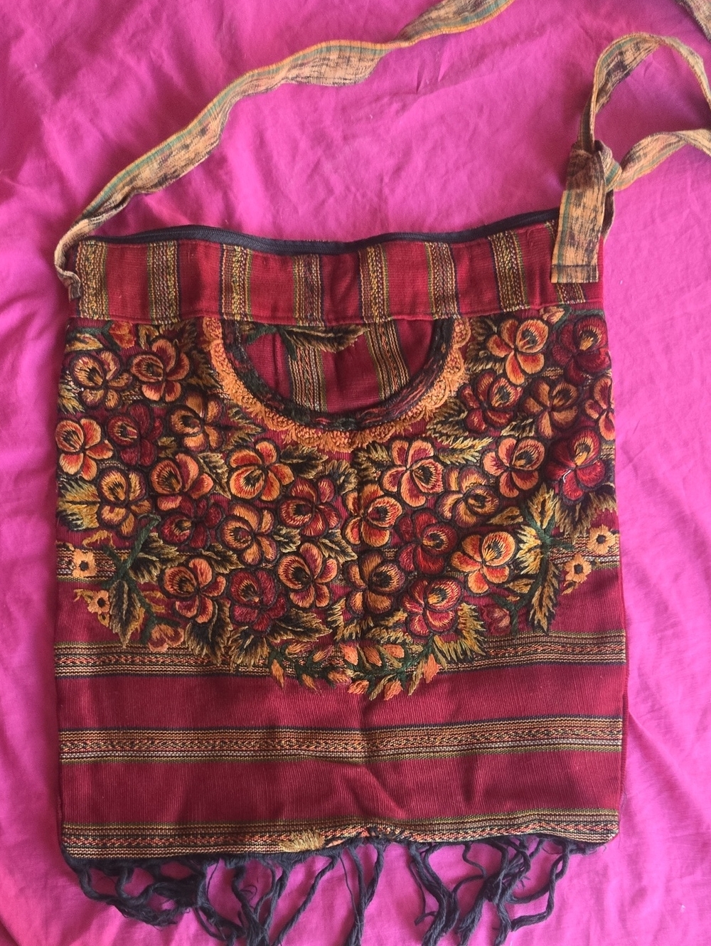 Embroidered Floral Boho Crossbody Bag in Burgundy